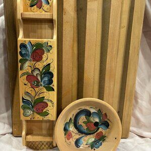 Vintage Norwegian Rosemale Hand Painted Wood Match Holder (signed) and Bowl